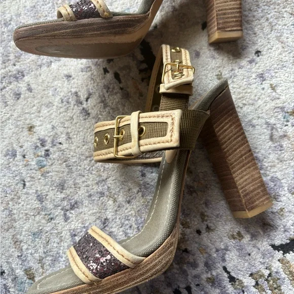 Y2K MIU MIU Double Buckle, Leather & Glitter, Olive Canvas Heels - Picture 2 of 16